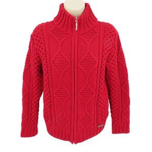 Blarney Aran Originals Womens XS Extra Small Red Wool Chunky Knit Zip Sweater